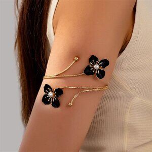 3/$35 Black & Gold Flower Arm Cuff Bracelet Pearl Upper Armband Bohemian Jewelry